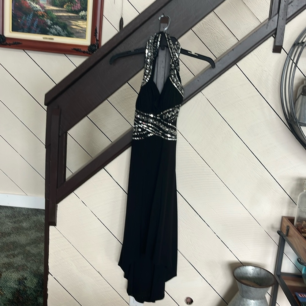 Beautiful black sequence dress low back sz2 padded breast 40” length 48” back